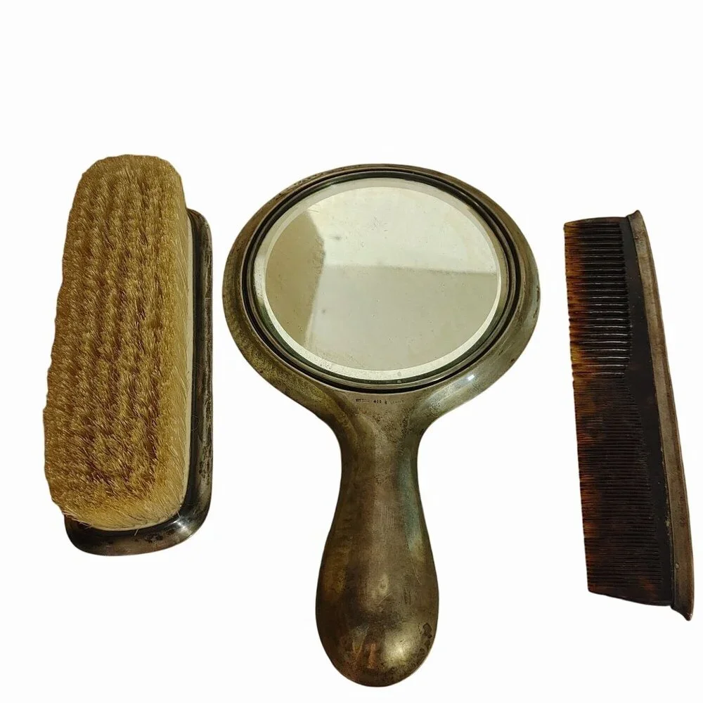 Lebolt 925 Sterling Antique Arts Crafts Hammered Silver Vanity Set Mirror Brush